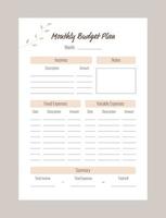 Monthly budget planner. Personal planner template in minimalist style and pastel colors. Vector