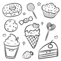 Doodle sweet characters in kawaii style with cute face. Coloring book anti-stress. Muffin, bonbon, cake, donut, ice cream, cookie, coffee. Vector illustration isolated on white background