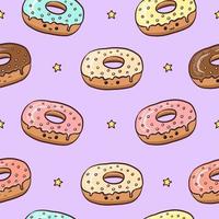 Seamless pattern with glazed donuts with funny face and stars. Cute kawaii pattern for decoration design, backgrounds, stationery, wrapping paper, textile, scrapbooking. Vector illustration