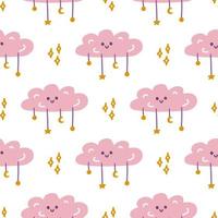 Pink cute cloud with stars, vector seamless pattern in flat cartoon style