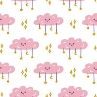 Pink cute cloud with stars, vector seamless pattern in flat cartoon style