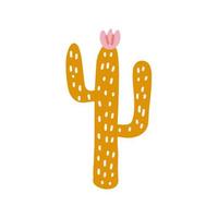 Cactus in mustard color with pink flower, vector flat illustration