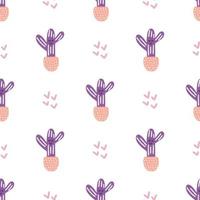 Cute cactus in pot, vector seamless pattern in flat cartoon style