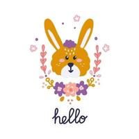 Cute rabbit face with flowers and hand lettering, vector flat illustration, nursery decor, design of postcards, posters, print for clothes