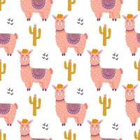 Cute llama with cacti, vector seamless pattern in flat hand drawn style