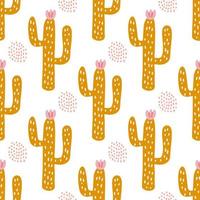 cactus with pink flower, vector seamless pattern in flat style on white background