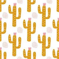 cactus with pink flower, vector seamless pattern in flat style on white background