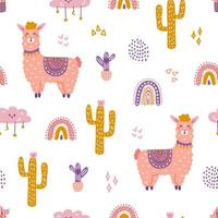 Cute llama with cacti and rainbow on white background, vector seamless pattern in flat hand drawn style
