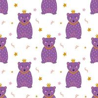 Funny Bear with crown, vector seamless pattern in flat hand drawn style