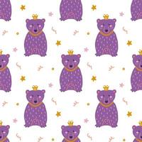 Funny Bear with crown, vector seamless pattern in flat hand drawn style