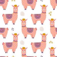 Funny llama, vector seamless pattern in flat hand drawn style