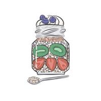 Chia pudding with berries in glass jar vector sketch.