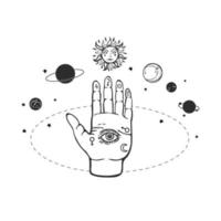 Palm with eye of providence surrounded by planets. vector