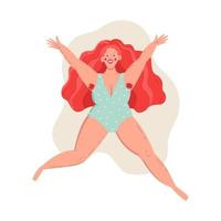 Long haired ginger woman jumps cheerfully vector illustration.