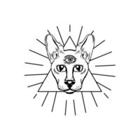 Three eyed oracle cat hand drawn illustration. vector