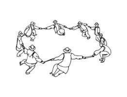 hombres en trajes nacionales bailando en círculo vector dibujado a mano.