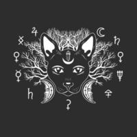 Black cat with crescent on forehead on dark background. vector