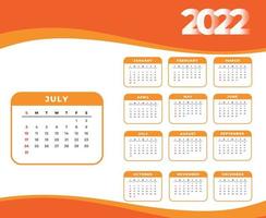 calendario 2022 mes de julio feliz año nuevo diseño abstracto ilustración vectorial blanco y naranja vector