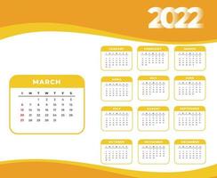 calendario 2022 mes de marzo feliz año nuevo diseño abstracto ilustración vectorial blanco y amarillo vector