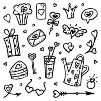 Set of cute Valentine's day doodle elements. Vector doodle illustration in black and white style isolated on white background