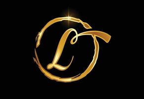 Golden color L hand-drawn letter in a brush circle on black background vector