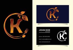 Initial K monogram alphabet with a fork, spoon, and leaf. Healthy natural food logo. Logo for cafe vector