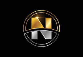 Initial letter N with circle frame. Golden and silver color alphabet symbol for corporate business identity vector