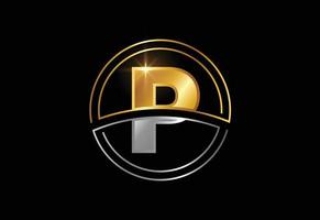 Initial letter P with circle frame. Golden and silver color alphabet symbol for corporate business identity vector