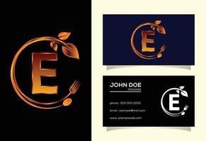 Initial E monogram alphabet with a fork, spoon, and leaf. Healthy natural food logo. Logo for cafe vector