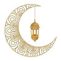 ramadan kareem lantern hanging with crescent moon golden on white background vector