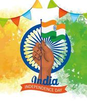 feliz día de la independencia india, ashoka chakra y mano con bandera vector