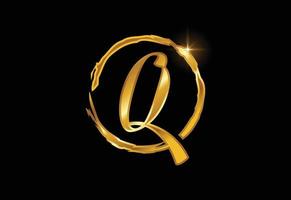 Golden color Q hand-drawn letter in a brush circle on black background vector