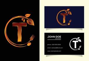 Initial T monogram alphabet with a fork, spoon, and leaf. Healthy natural food logo. Logo for cafe vector