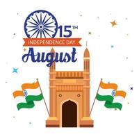 feliz día de la independencia india, celebración del 15 de agosto, con puerta de enlace y decoración de iconos vector