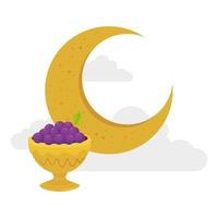 golden arabian pot with grapes and moon, arabic culture heritage on white background vector