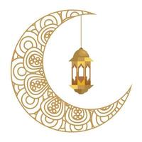 Ramadán kareem linterna colgando con luna creciente dorada sobre fondo blanco. vector