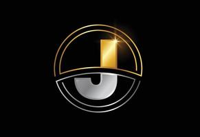 Initial letter J with circle frame. Golden and silver color alphabet symbol for corporate business identity vector