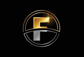 Initial letter F with circle frame. Golden and silver color alphabet symbol for corporate business identity vector