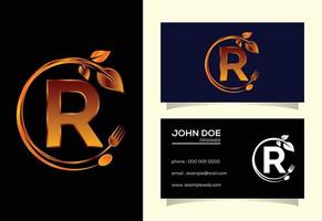 Initial R monogram alphabet with a fork, spoon, and leaf. Healthy natural food logo. Logo for cafe vector