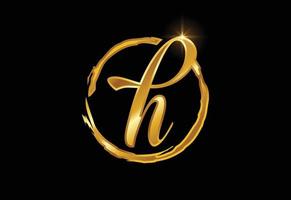 Golden color H hand-drawn letter in a brush circle on black background vector