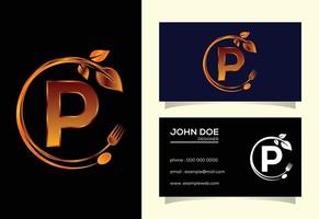 Initial P monogram alphabet with a fork, spoon, and leaf. Healthy natural food logo. Logo for cafe vector