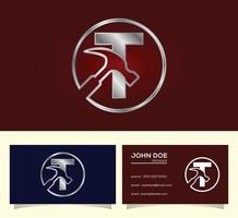 Initial T monogram letter alphabet with a Hammer. Repair, renovation, and construction logo. vector