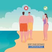 distanciamiento social hecho de manera incorrecta y correcta en la playa, la gente mantiene la distancia, nuevo concepto normal de playa de verano después del coronavirus o covid 19 vector