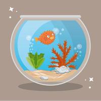 pez globo de acuario con agua, algas, mascota marina de acuario vector