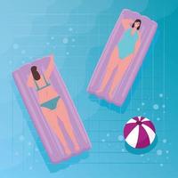 cute plump women in lying down on inflatable float in the pool vector