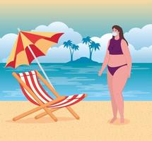 distanciamiento social en la playa, mujer con máscara médica, mantener la distancia, nuevo concepto normal de playa de verano después del coronavirus o covid 19 vector