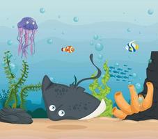 stingray and marine animals in ocean, seaworld dwellers, cute underwater creatures, undersea fauna vector