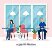 social distance in new concept restaurant , couple on tables, protection, prevention of coronavirus covid 19 vector