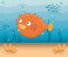 blowfish marine animal in ocean, seaworld dweller, cute underwater creature, undersea fauna vector