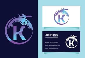 Initial K monogram alphabet with an airplane and cloud. Artificial rainmaking. Cloud seeding logo vector